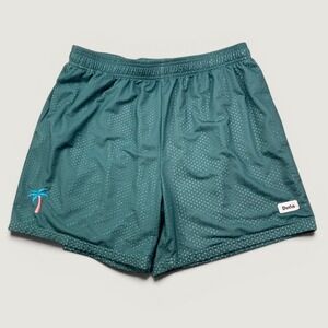 Duvin Mens XL Mesh Shorts Green Palm Tree Embroidered Elastic Waist